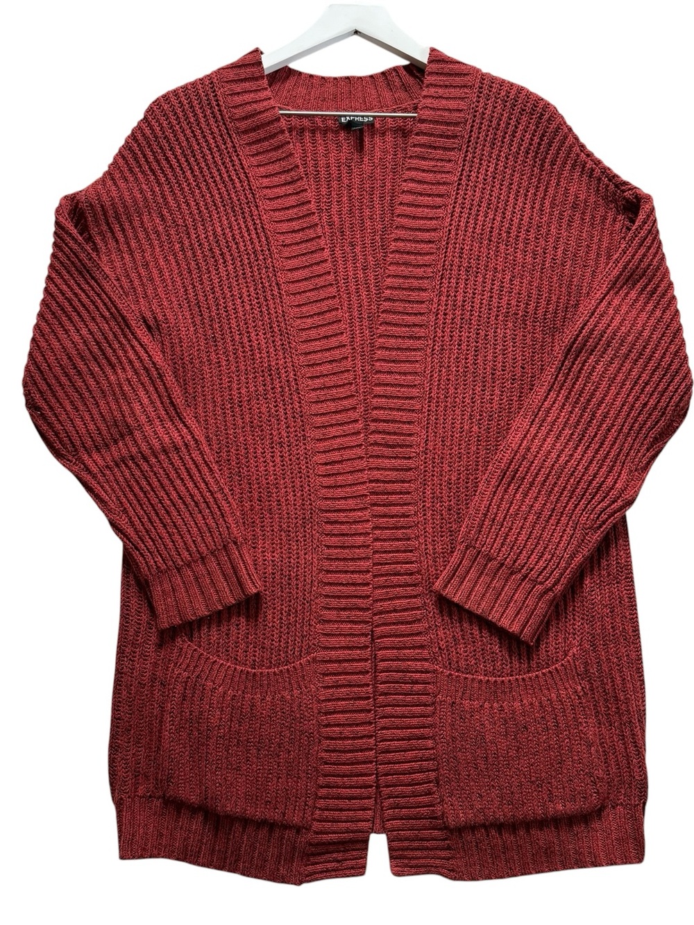 Express Women's Chunky Knit Long Cardigan Sweater Size Medium Brick Red Fall